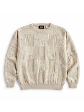 Vintage‎ Brimwick Moose Eagle Patchwork Cream Cotton Crewneck Sweater USA Made